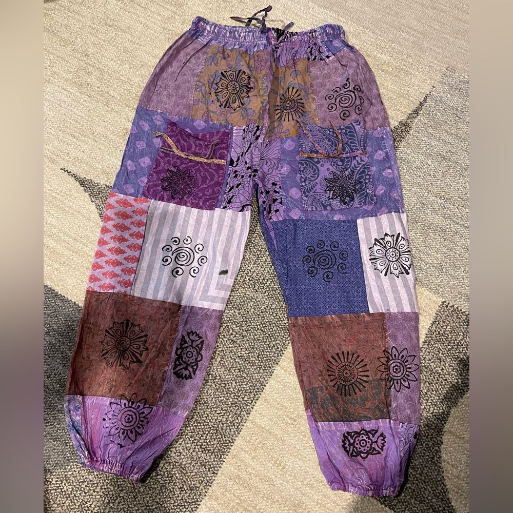 NWOT Bohemian Patchwork Ankle Pants - Purple and Brown